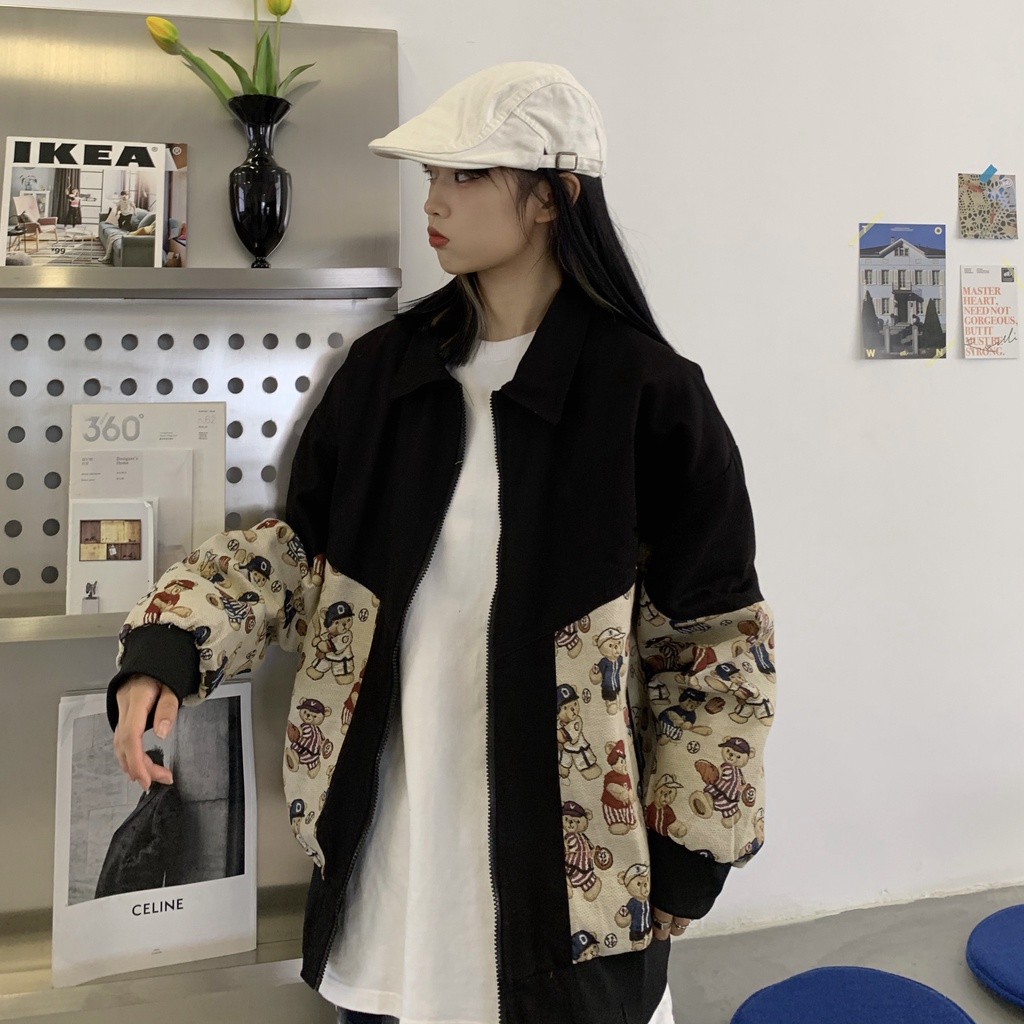 Áo Khoác Bóng Chày Dáng Rộng Dài Vừa Thêu Hình Gấu jacquard Kiểu Hàn Quốc Thời Trang Xuân Thu Cho Nữ