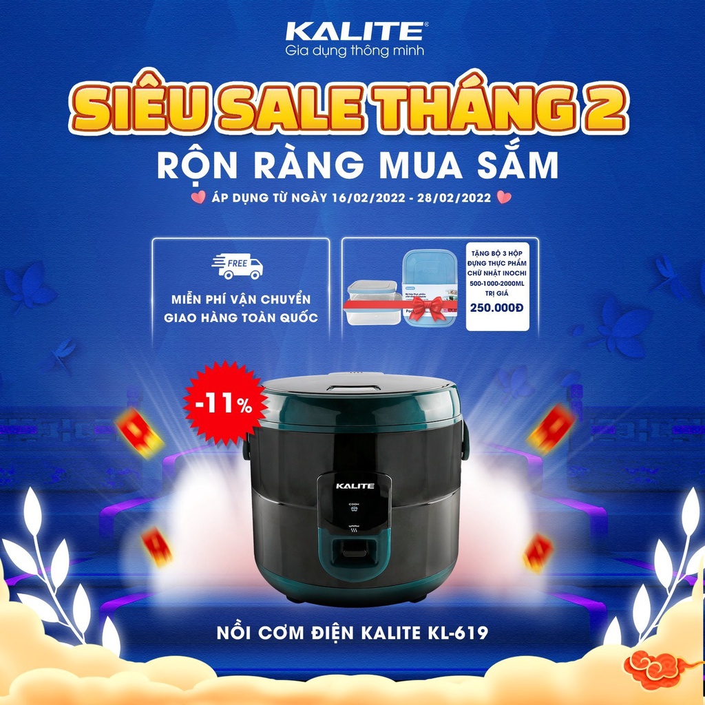 Nồi cơm điện Kalite KL 619, công suất 700W, dung tích 1.8L, bảo hành 24 tháng