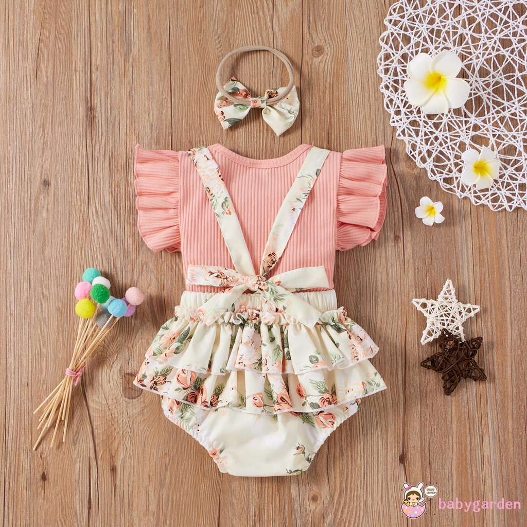 Áo Thun Tay Ngắn In Hoa Và Quần Yếm Cho Bé Gái