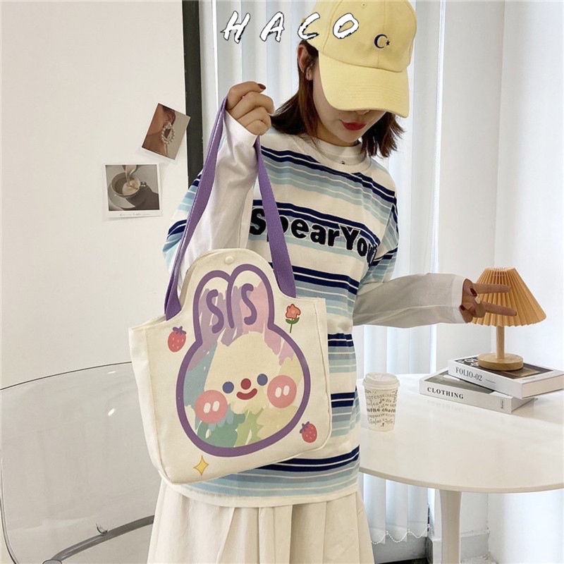 Túi xách nữ hoạt hình dễ thương túi tote học sinh trắng hình thỏ dây tím mùa hè đeo vai cỡ lớn vải Canvas bền đẹp