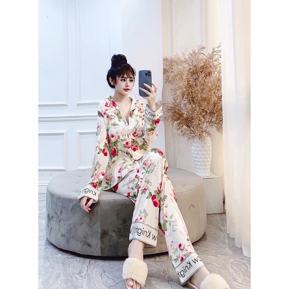 Pijama lụa xước Tô châu vườn hồng