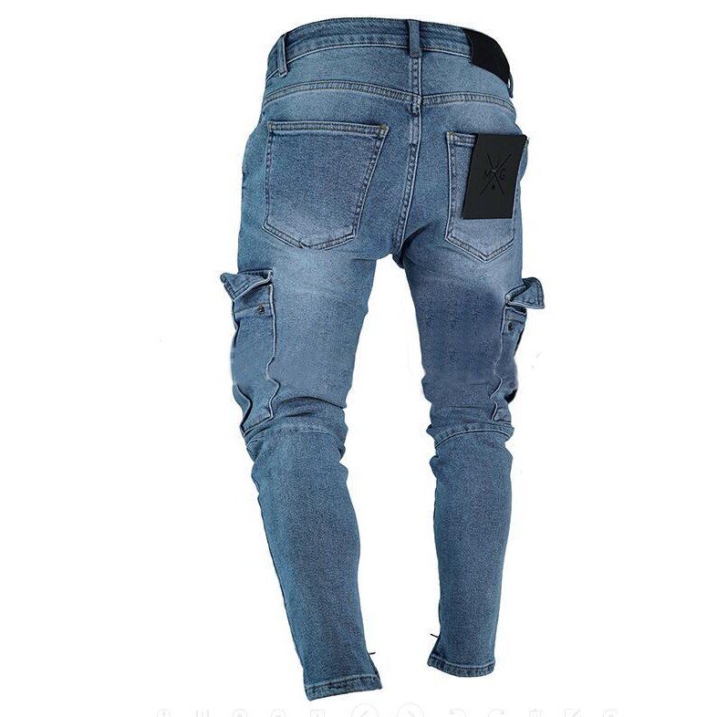 Quần Jean Trench Knee Holes Zipper Pants Big Pocket to của New Men's