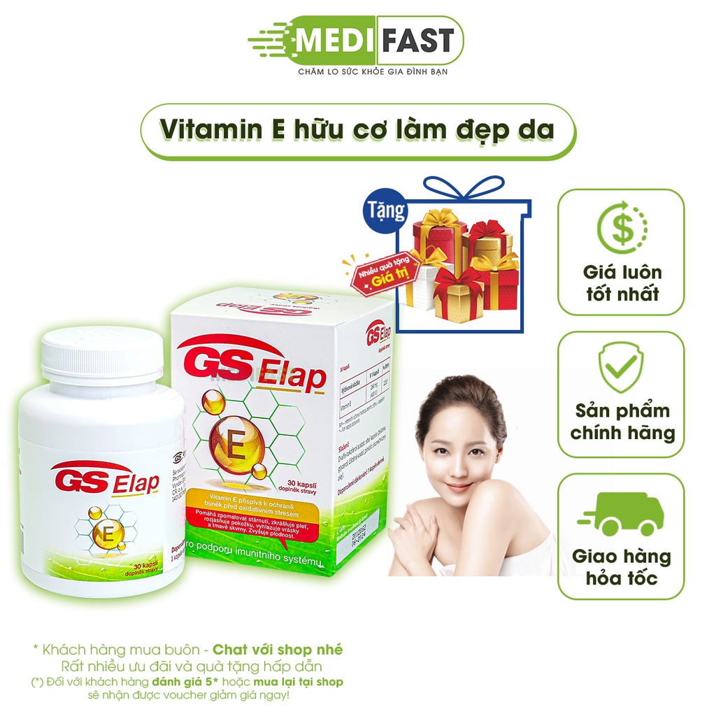Viên uống Đẹp da, căng mịn Vitamin E 400IU GS Elap, nhập khẩu từ Châu Âu, hộp 30 viên bổ sung vtm Enat hữu cơ