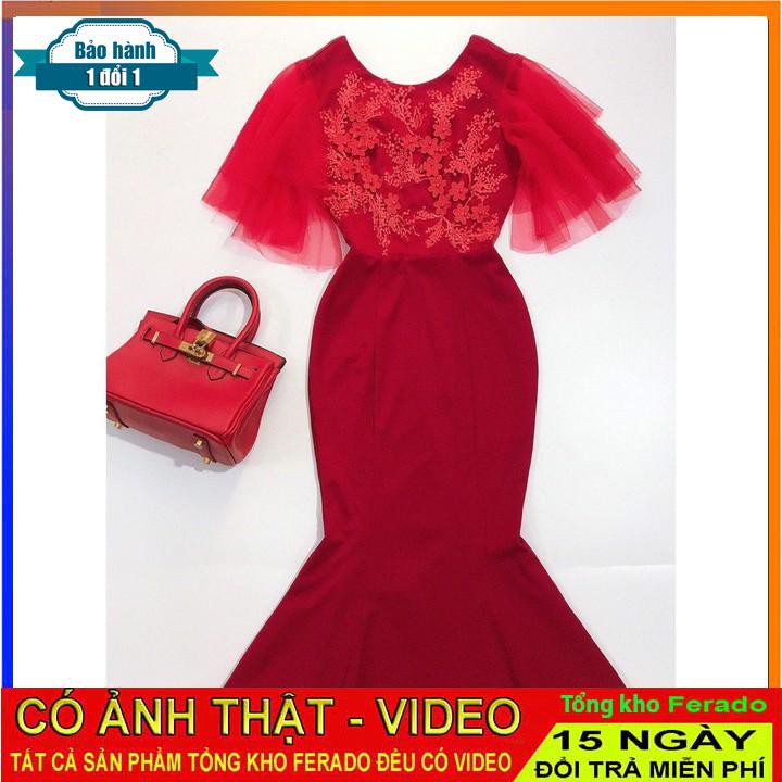 [ xả kho ] MiD Đầm đỏ thiết kế V1163 chất umi nhật đáp ren thêu hoa thủ công