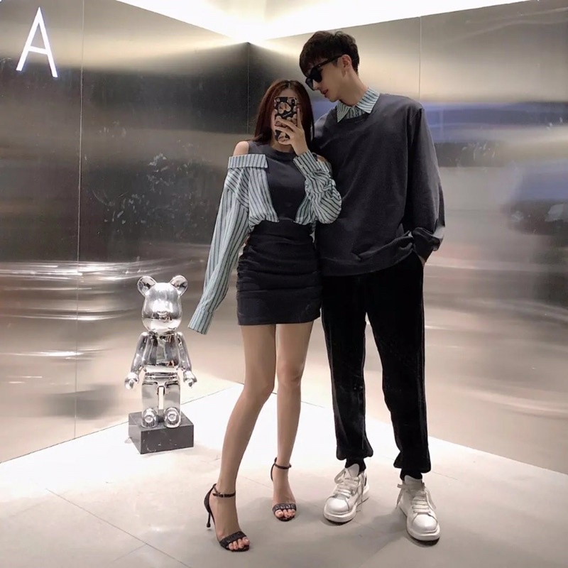 Đồ đôi len váy nữ và áo nam kết hợp kiểu dáng sơ mi độc đáo