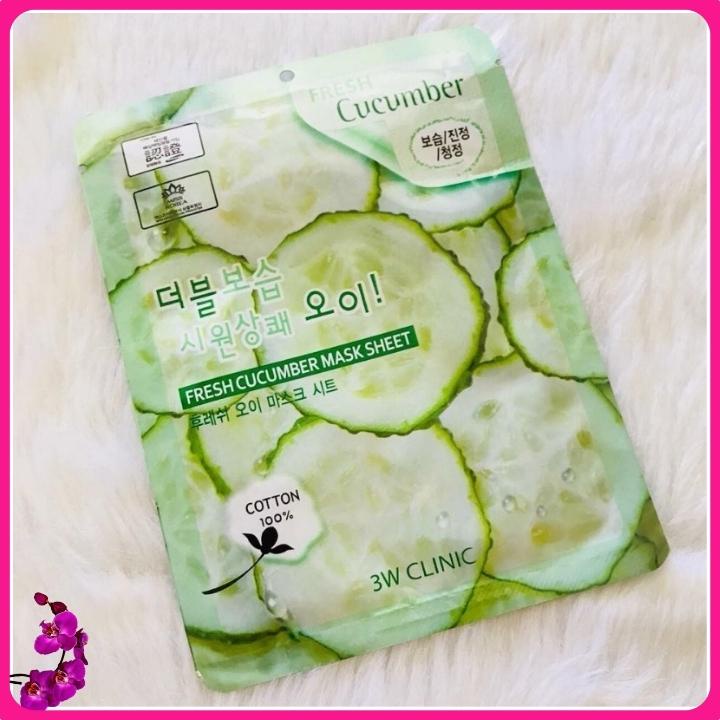 10 Mặt nạ giấy dưỡng da thiên nhiên Dưa leo chuột Mỹ phẩm chính hãng Hàn Quốc 3W Clinic Fresh Cucumber Mask sheet