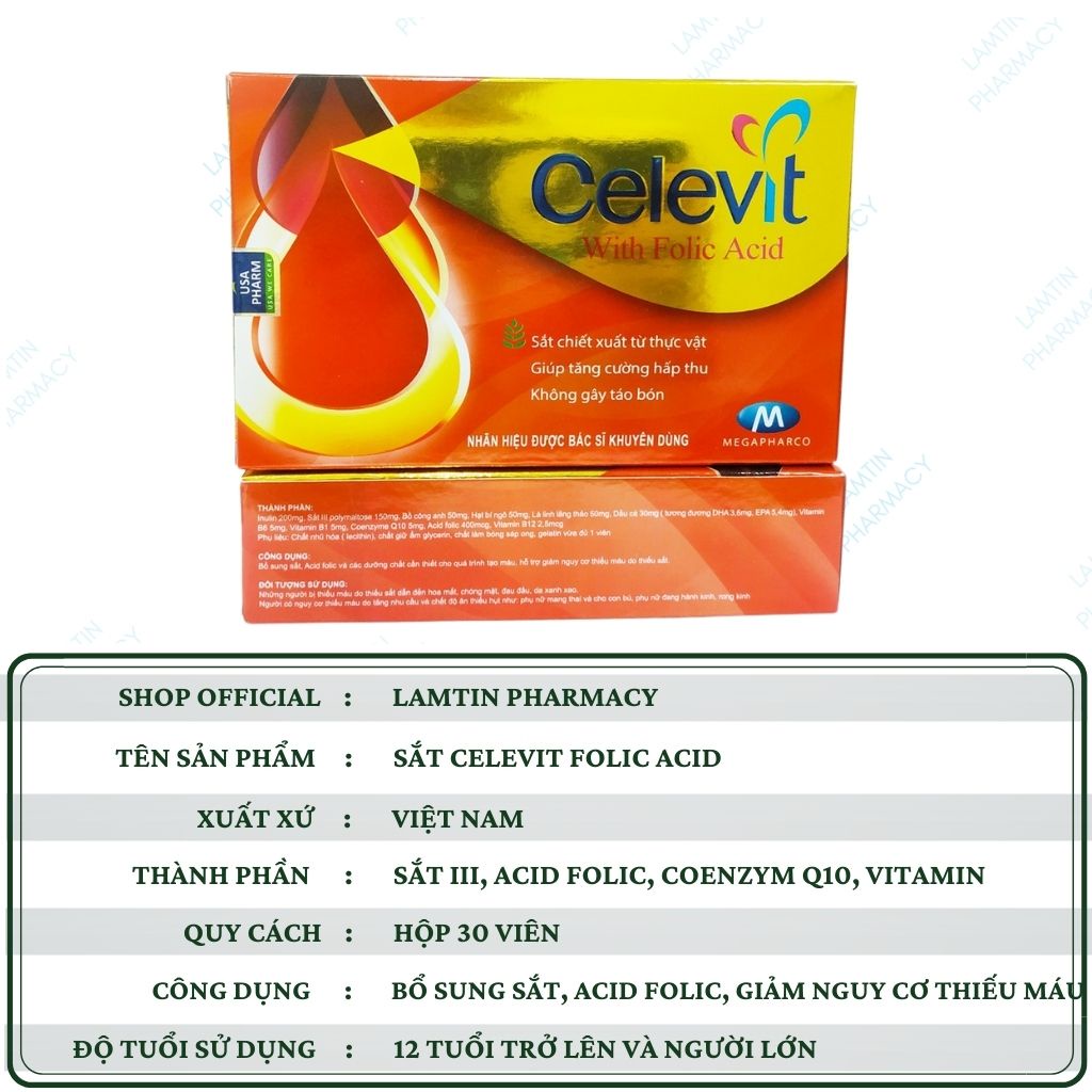 Celevit with folic acid Bổ sung sắt acid folic cho người có nguy cơ thiếu máu Hàng Chính Hãng Hộp 30 viên