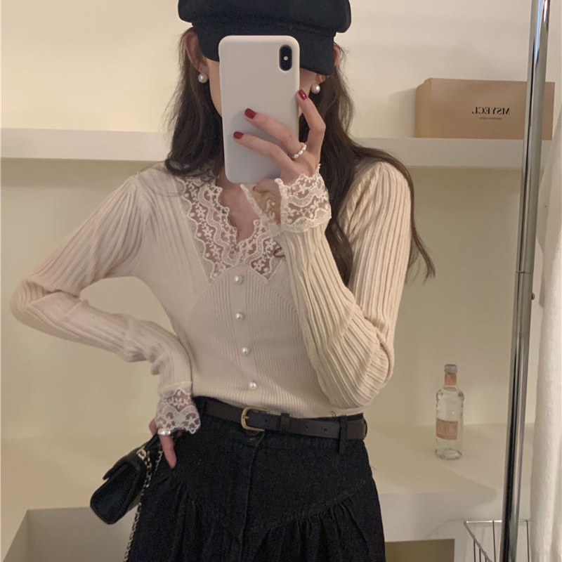 SUXI Áo Dệt Kim Tay Dài Màu Sắc Trơn Dáng Ôm Phối Ren Phong Cách Hàn Quốc Thời Trang Cho Nữ