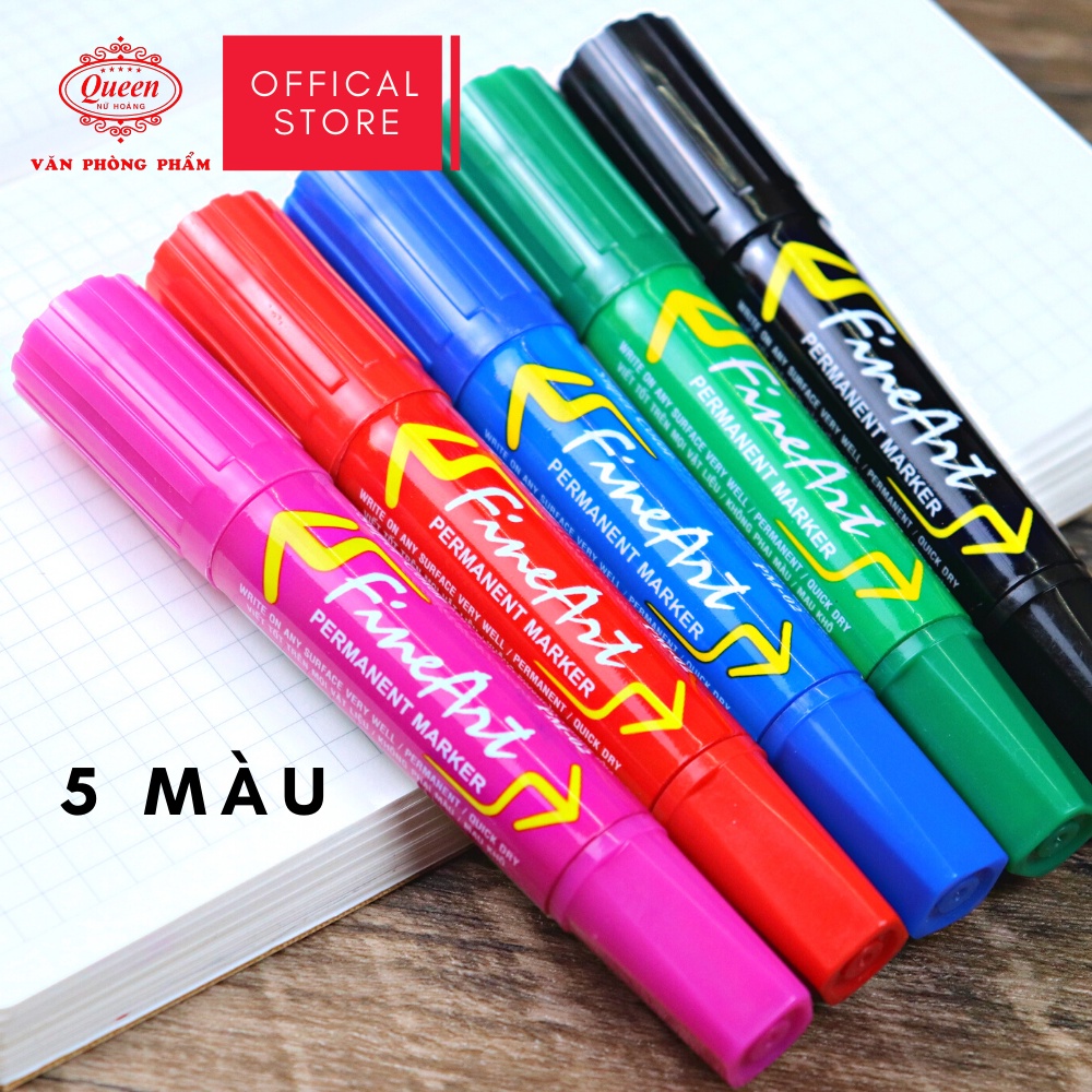 Bút lông dầu Queen  - CHÍNH HÃNG - Hai Đầu Vuông Tròn - Màu Xanh Dương/Đen/Đỏ/Xanh Lá/Hồng Sen - PM02