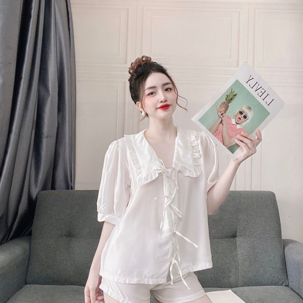 Đồ Bộ Tiểu Thư Mặc Nhà Chất Vải Satin Lụa Cao Cấp Cột Dây Nút - DOMIN | BigBuy360 - bigbuy360.vn