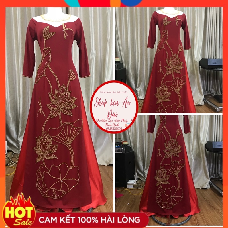 ♧Áo dài đỏ đô thiết kế đính pha lê vàng đồng, cổ phối von điệu xinh, 2 tà tròn tay lỡ