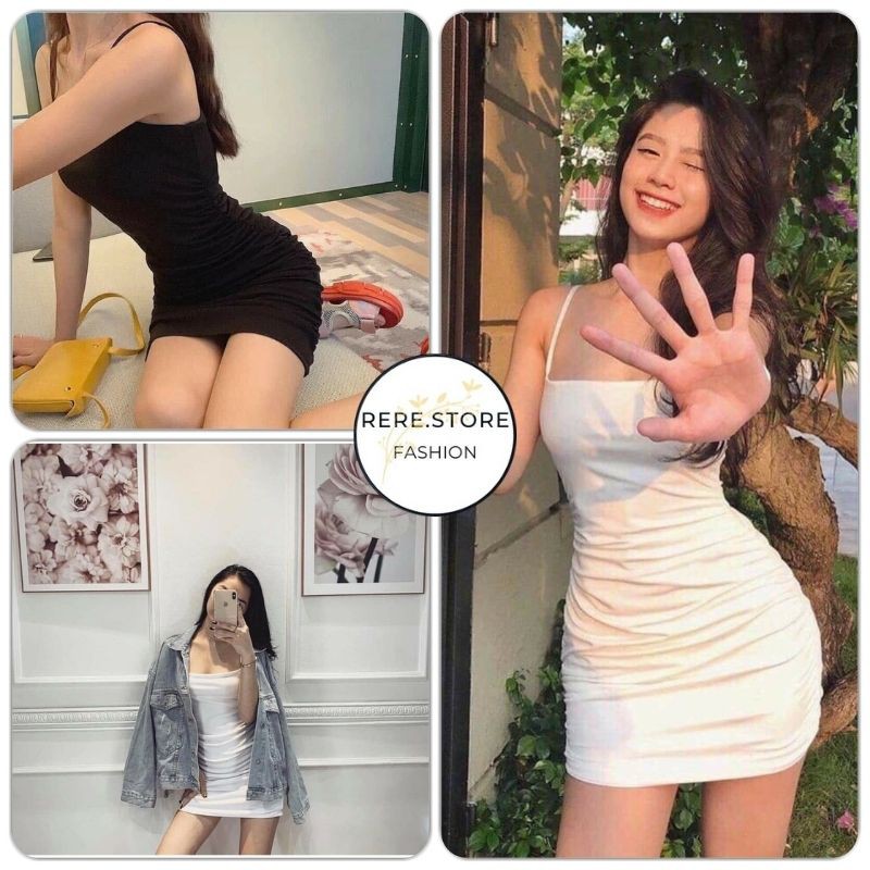 Váy Thun Hai Dây Bóp Eo Nữ - Rere.Store [FREESHIP] - Đầm body dáng ôm sexy co giãn nhiều màu Ulzzang