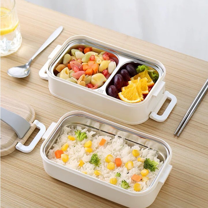Hộp cơm giữ nhiệt lúa mạch 2 tầng ruột Inox 304 - Hộp cơm văn phòng WOODEN dùng được lò vi sóng