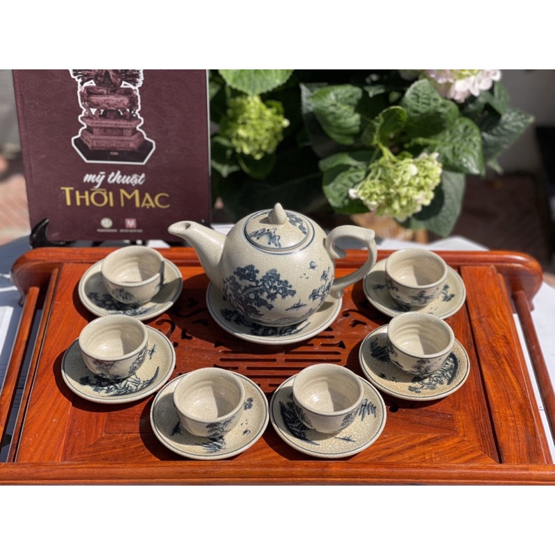 Ấm chén men rạn cổ Bát Tràng-bộ Chóp lửa s1 vẽ Cổ Tự dưới gốc Tùng
