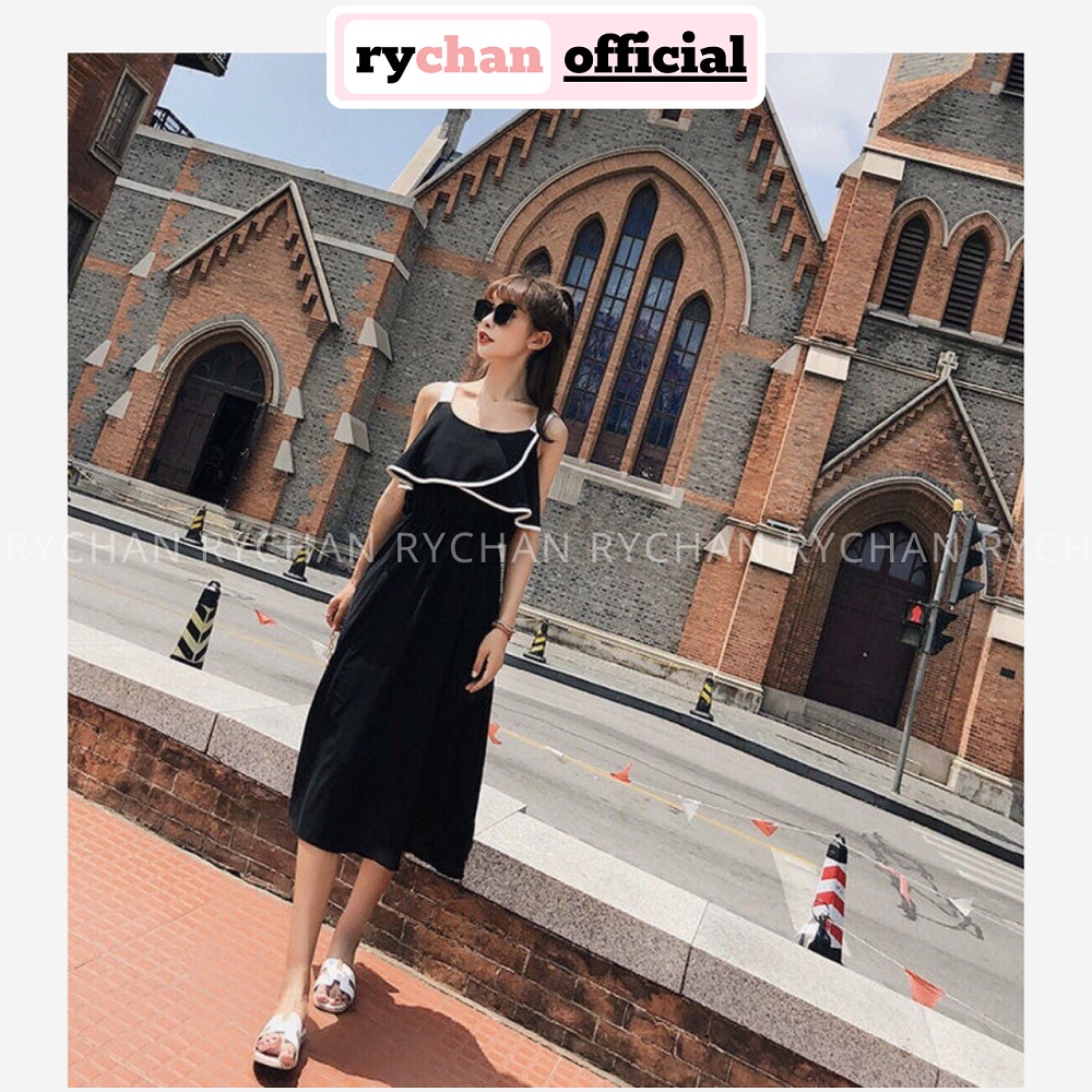 DM819 - Đầm Maxi Hai Dây Viền Trắng Đi Biển