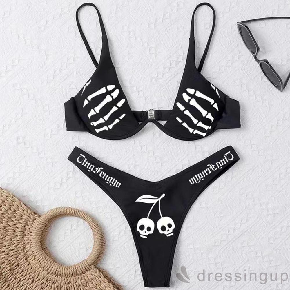 Bộ đồ bơi bikini cổ chữ V xẻ sâu họa tiết đầu lâu + quần lót lưng thun co giãn cho nữ
 | BigBuy360 - bigbuy360.vn