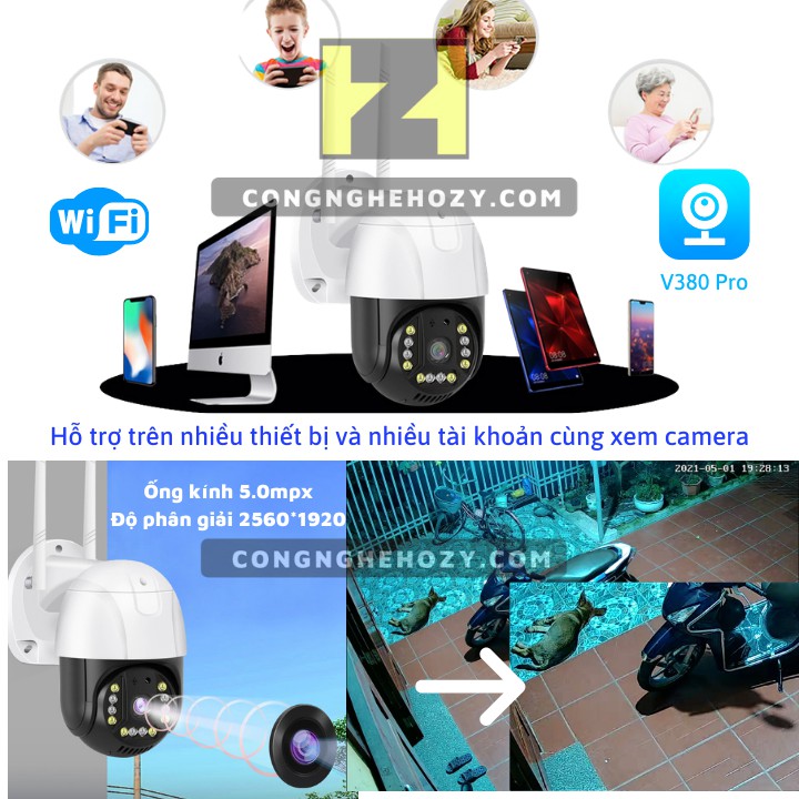 Camera IP wifi ngoài trời V380 Pro 5.0 mpx chống nước xoay 360 độ ,đàm thoại 2 chiều quay đêm có màu nhờ LED