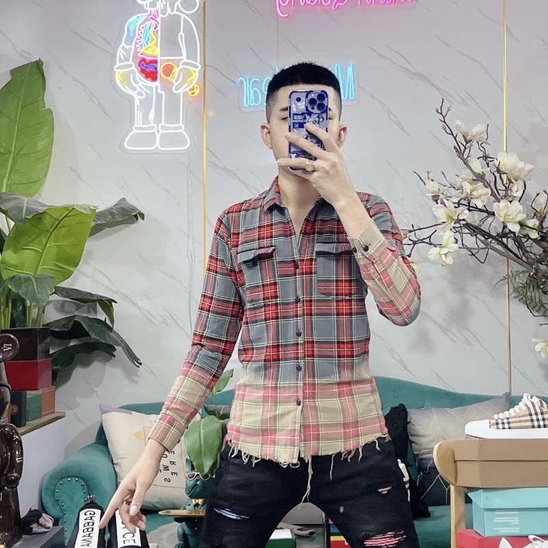 Sơ Mi Nam Cotton Kẻ Caro Pha Loang Gấu Rách Màu Hot SM29P