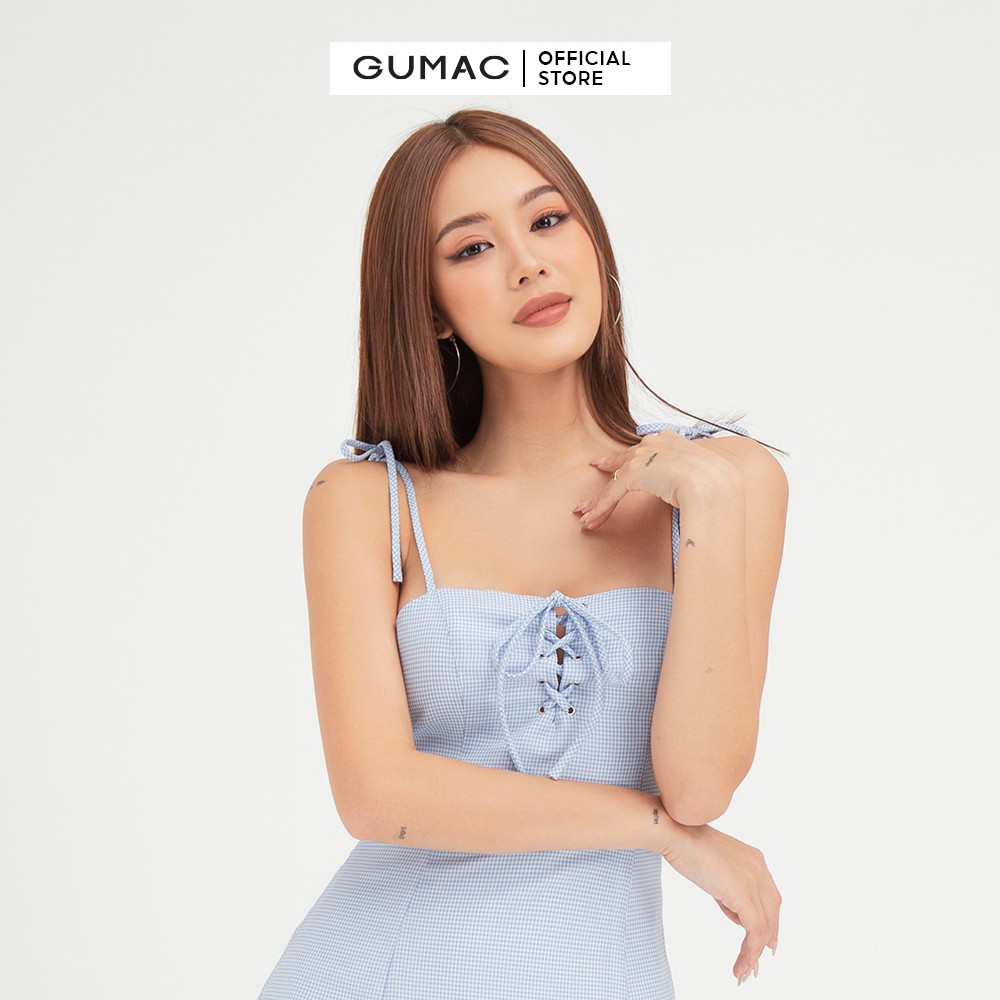 Đầm 2 dây mắt cáo GUMAC màu xanh trơn phong cách dễ thương DB487 | BigBuy360 - bigbuy360.vn