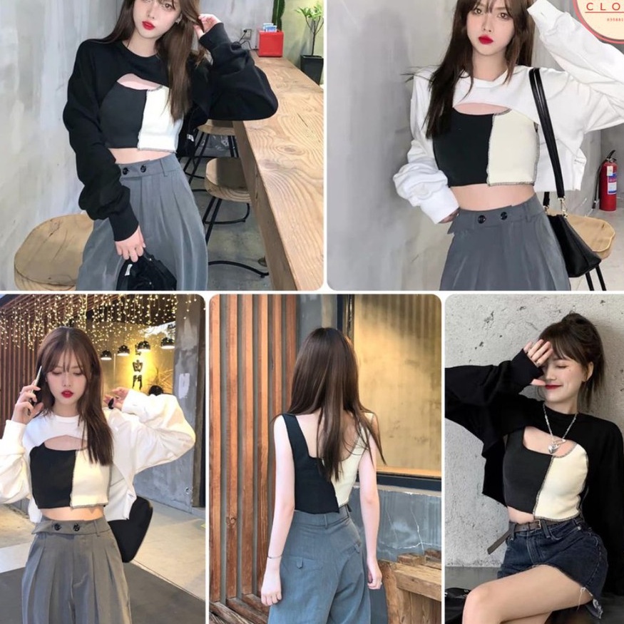 set áo croptop KA Closet 2 món áo ngoài + áo trong mặc được 2 kiểu chất zip cotton dầy mịn co dãn mềm MÂY_1989 ROSÉ