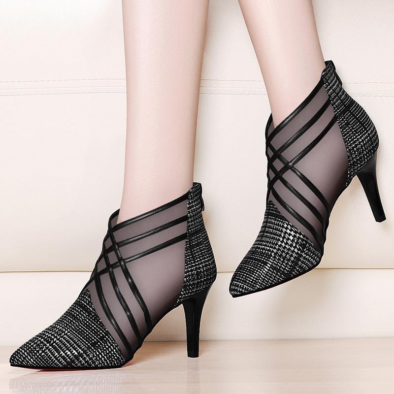 ❄☞2019 spring new mesh stiletto heel shoes women s high heels Korean version of all-match fashion suede mid-heel