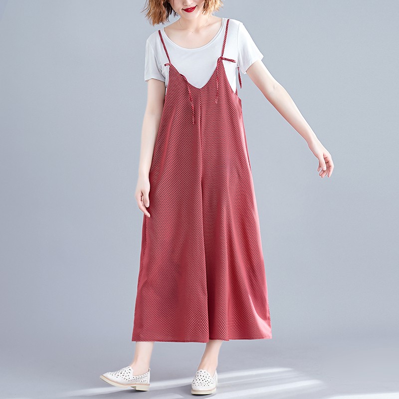 [ORDER] Quần yếm nữ bigsize ống rộng đỏ chấm bi trẻ trung (fit 70kg) | BigBuy360 - bigbuy360.vn