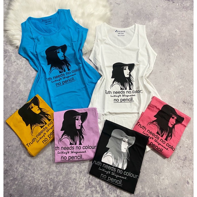 Áo thun giấy ba lỗ in hình cô gái kèm chữ (dáng dài dấu quần)