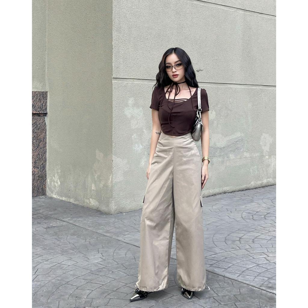 Áo croptop dáng ôm Dani Top CRT04 kiểu dáng vạt cong cá tính, phối dây hiện đại, chất liệu thun gân - Uni By Heart