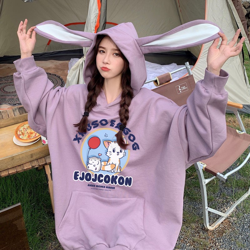 Áo hoodie tay dài không có túi nón có tai thỏ dài hình mèo ulzzang ( 2 màu )