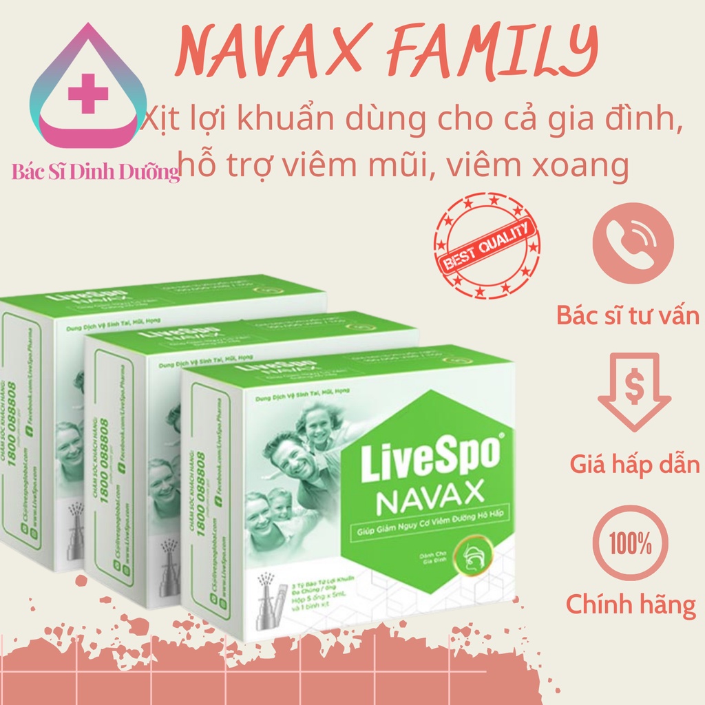 nước muối sinh lý bào tử lợi khuẩn LiveSpo Navax Family - Làm sạch và thông đường hô hấp 5 ống x 5ml