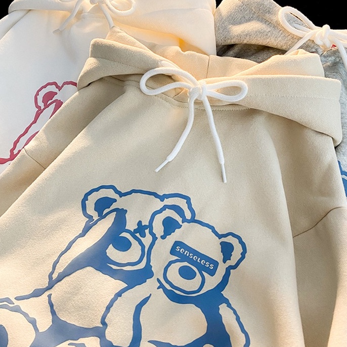 Áo hoodie ZHELIHANGFEI tay dài dáng rộng in hình gấu phong cách Preppy