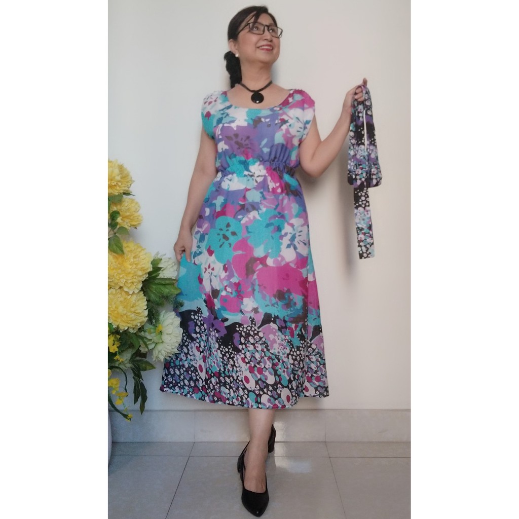 Size L, XL, 2XL  Giá sốc - Đầm Trung Niên Nhún Eo Thun - Vải Cotton Mềm Mỏng - Kiểu Xòe Dài
