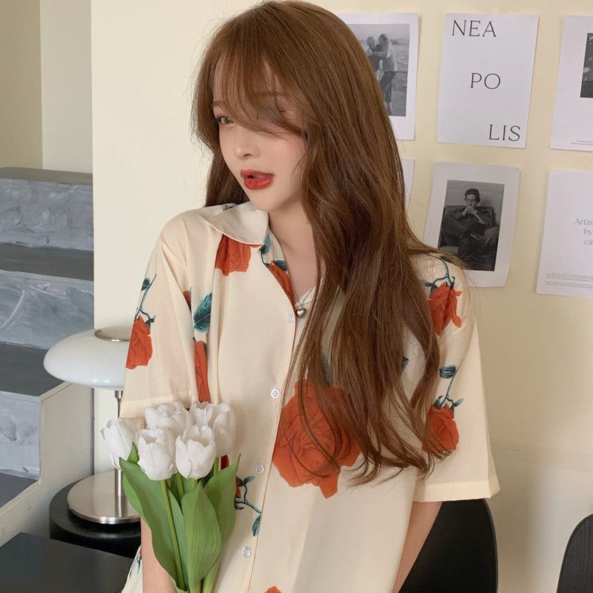 Áo Sơ Mi Ngắn Tay Họa Tiết Hoa Hồng Thời Trang Dành Cho Nữ