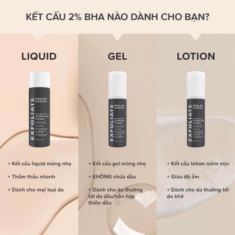 Tẩy tế bào chết hoá học Bha PC bha paula choice dạng liquid gel và lotion