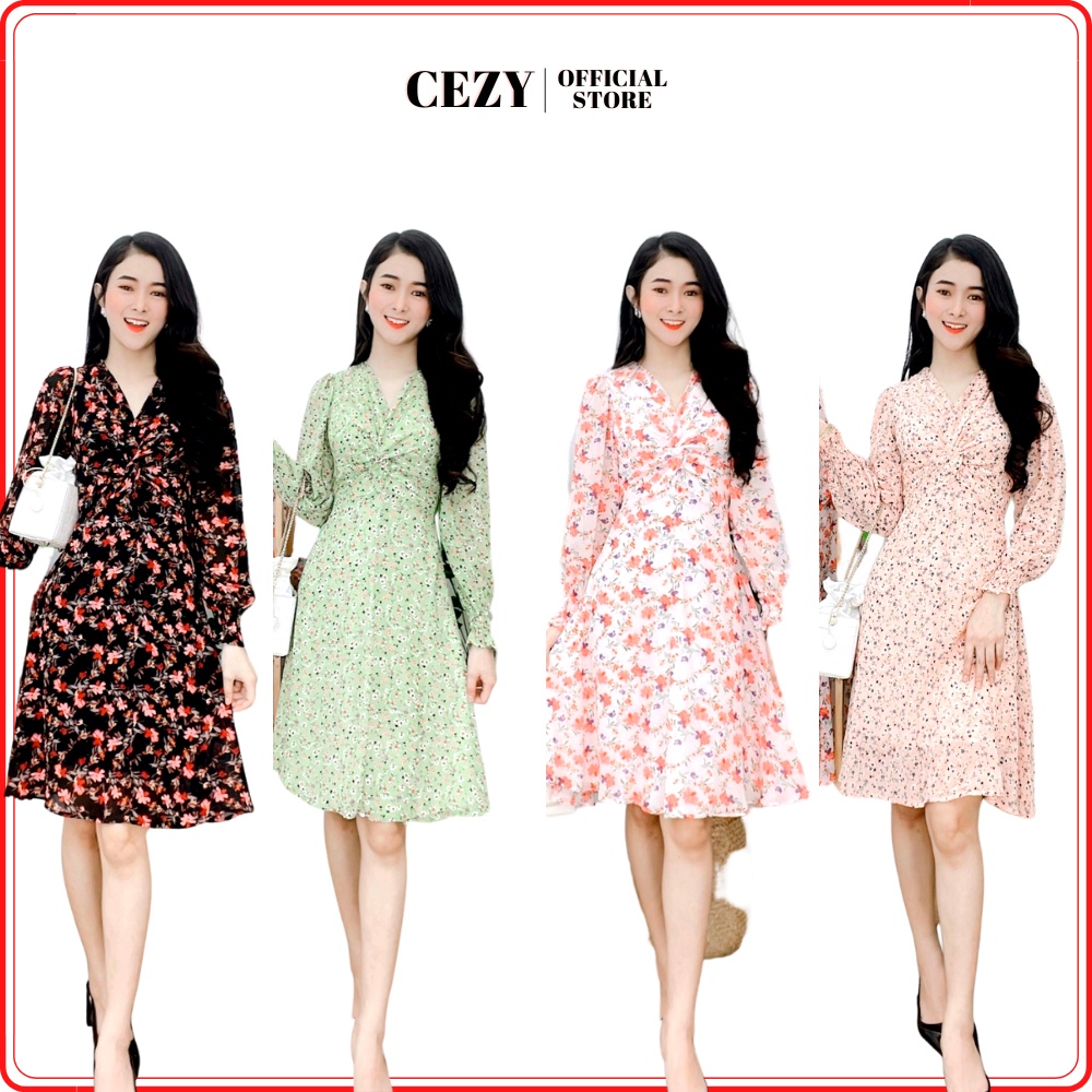 Đầm voan hoa nhí xoắn ngực tay dài dây thắt nơ eo có size bigsize CEZY D56