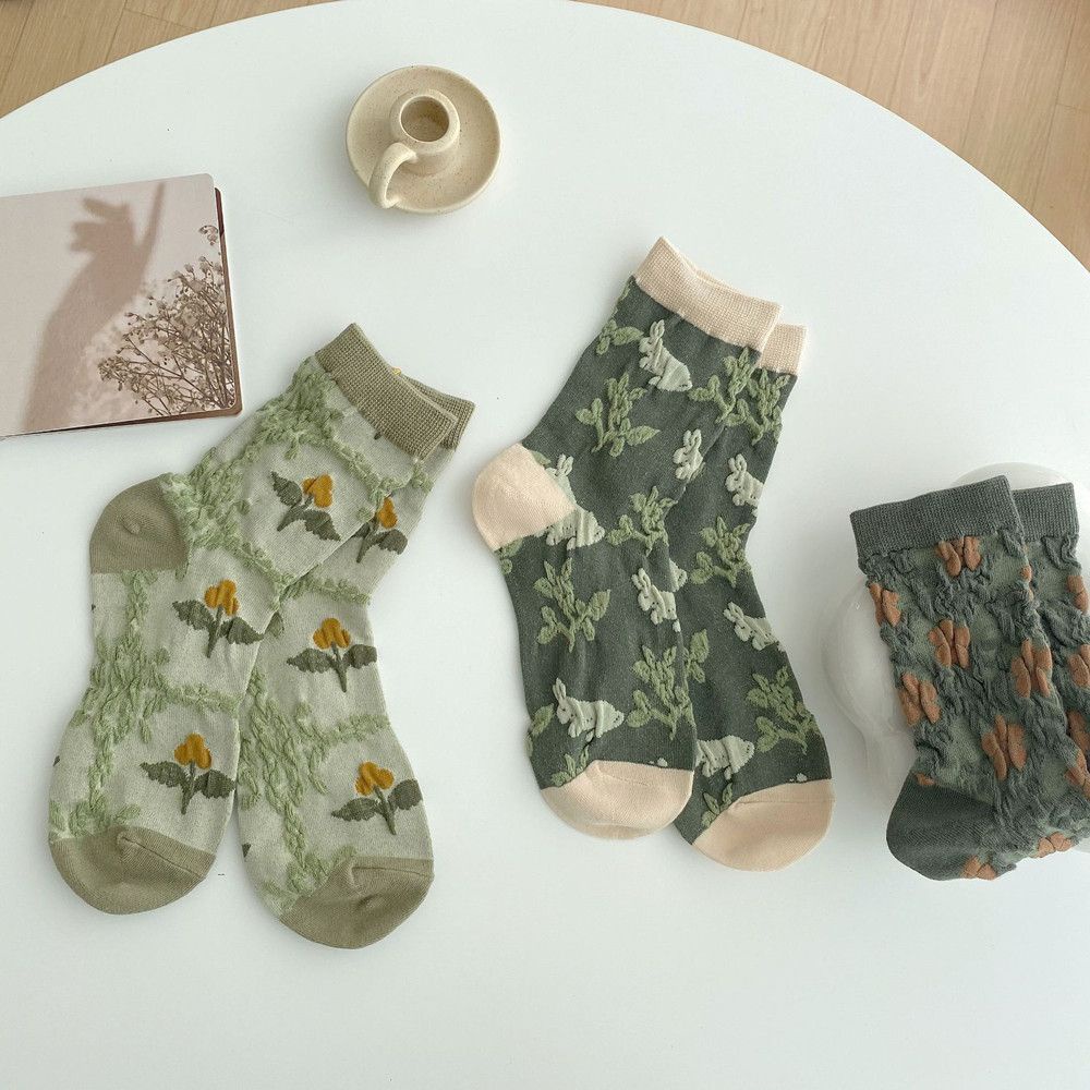 Vớ cotton dệt kim mềm mại thoải mái thoáng khí phong cách Harajuku cổ điển màu xanh lá