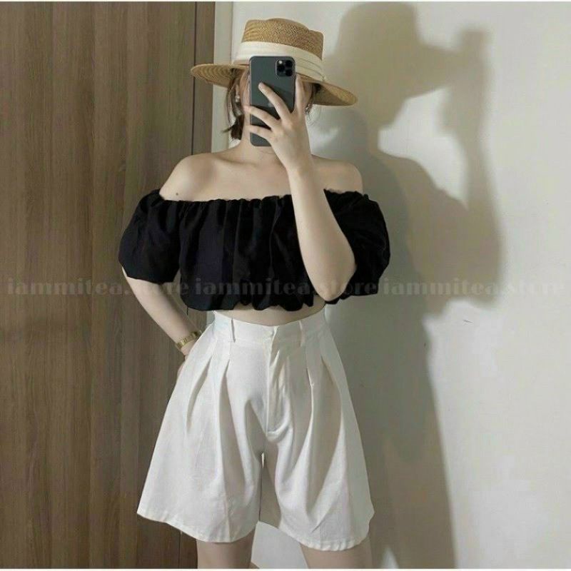 Áo trễ vai croptop tay bồng 2 lớp - Áo tiểu thư kiểu bí ngô mã A20