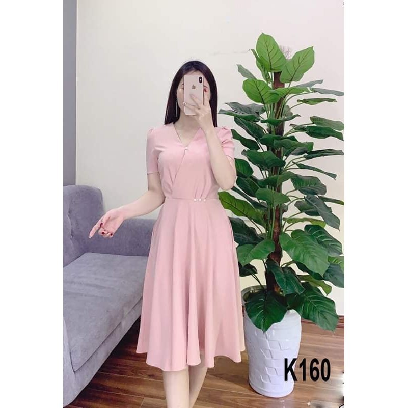 ĐẦM HỒNG CỔ V ĐÍNH NGỌC EO K160 - Xưởng thời trang Twins (Hàng may thiết kế ,ảnh thật shop tự chụp)