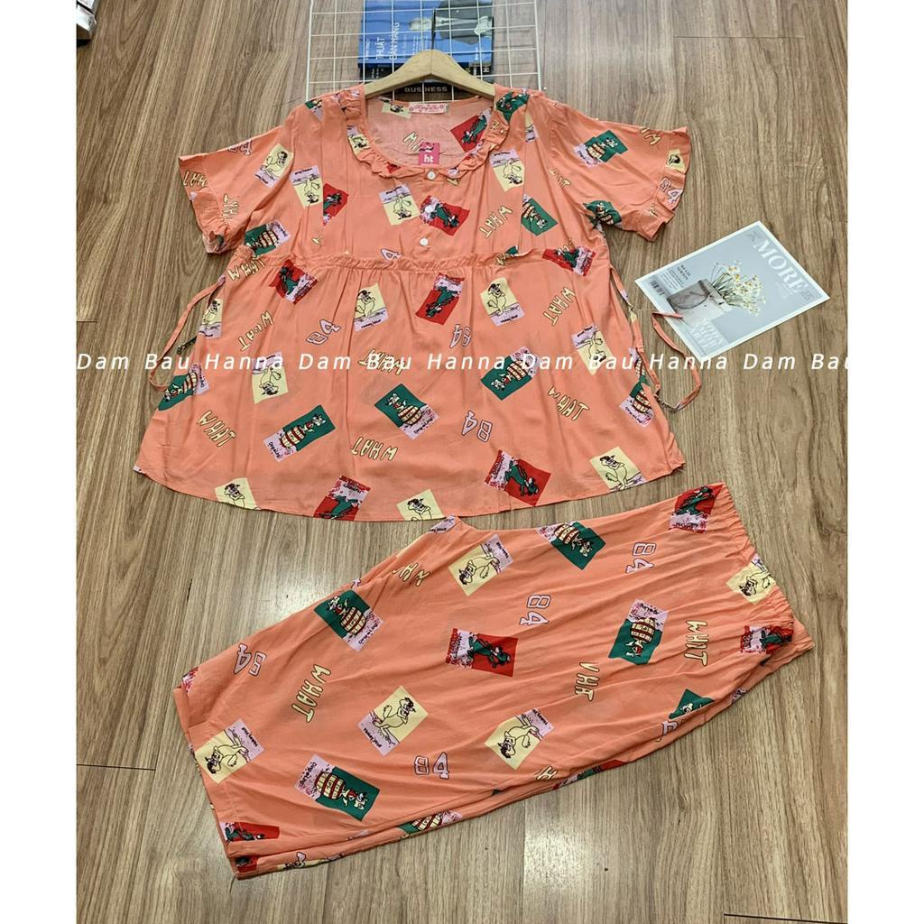 Đồ Bộ Bầu Xinh Mặc Nhà Hanna Vải Lanh Cotton Cao Cấp Thoáng Mát Free Size 45-75kg Có Khóa Cho Bé Ty Có Lưng Thun Chỉnh