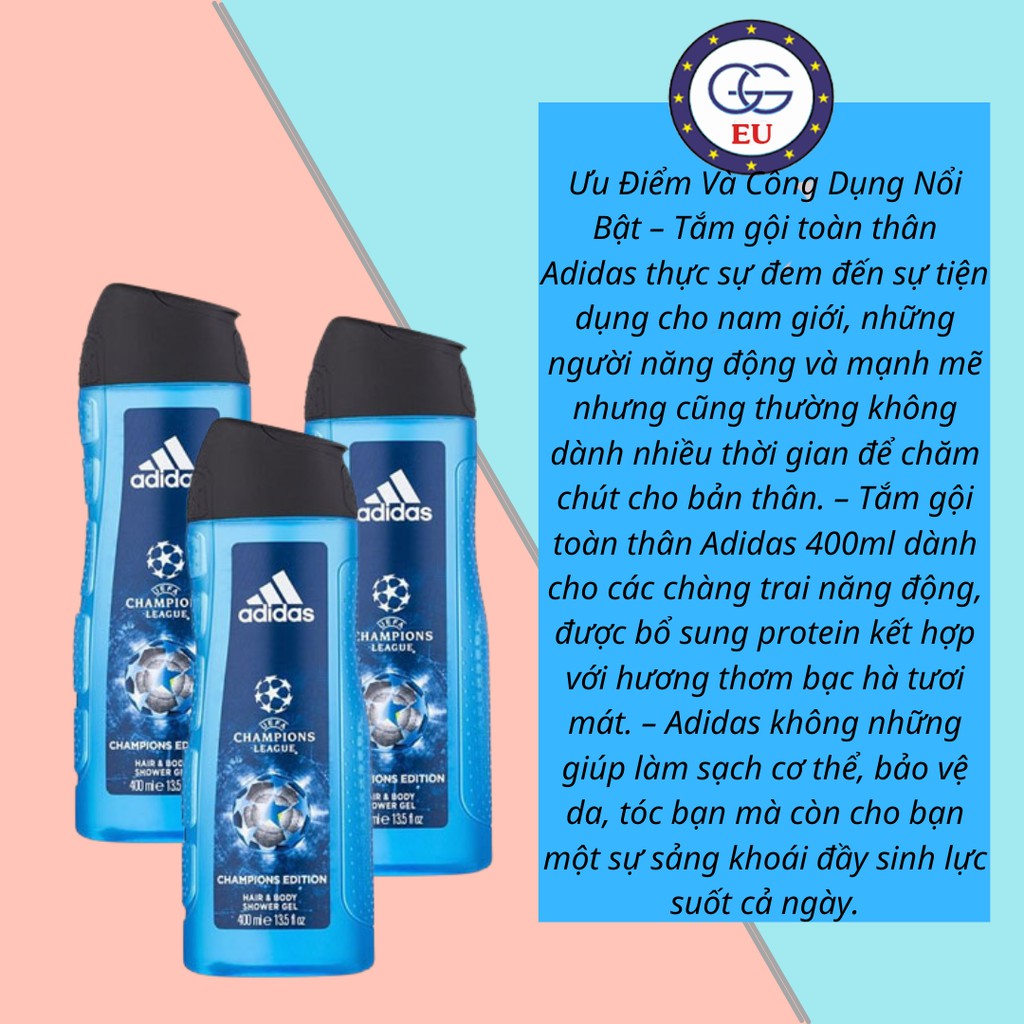 Sữa tắm gội nam Adidas 3in1 cấp ẩm cho da, hương thơm nam tính, , nội địa Châu Âu, GGEU