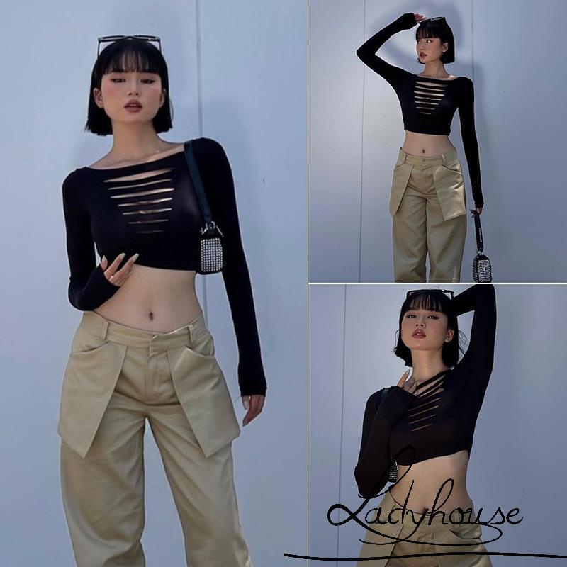 Áo Thun Crop Top Tay Dài Cổ Thuyền Màu Trơn Ôm Dáng Khoét Lỗ Dành Cho Nữ Đi Tiệc Câu Lạc Bộ