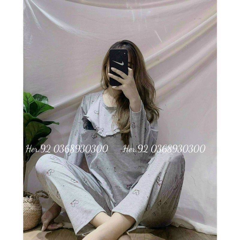 Bộ mặc nhà bầu và sau sinh hoạ tiết gấu pu viền bèo