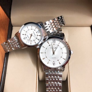 Đồng Hồ Cặp Nam Nữ Halei Mặt Tròn Trắng Dây Kim Loại Bạch Kim Chính Hãng