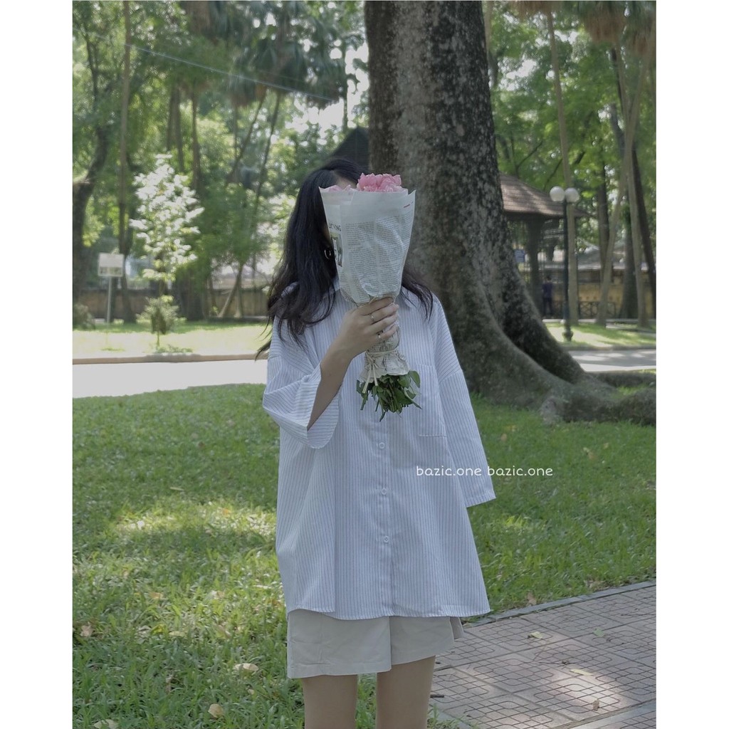 Áo sơ mi kẻ sọc form rộng tay lỡ túi ngực - Áo sơ mi kẻ sọc tay lỡ oversize ulzzang