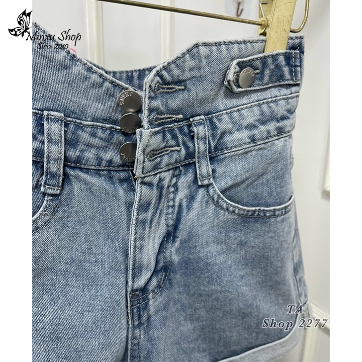 Quần sooc bò jean nữ, quần đùi bò jean nữ cạp cao 3 cúc cá tính không giãn hàng Quảng Châu Loại 1 mã Q2277