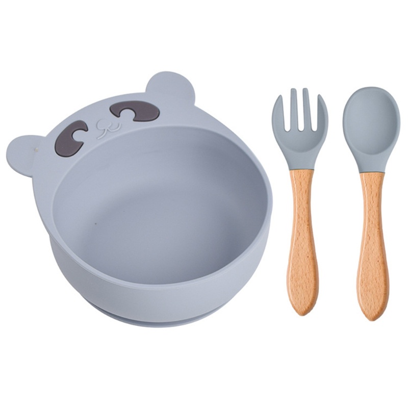 Bộ 3 Món Tô / Muỗng / Nĩa Silicone Có Giác Hút Chống Trượt Cho Bé Tập Ăn