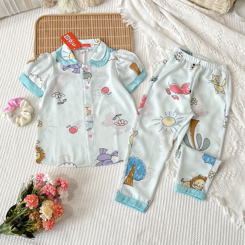 Bộ Pijama Lụa Cho Bé, Bộ Ngủ Lụa Cộc Dài Cổ Bèo Dễ Thương Cho Bé Gái - Boody - BPN62