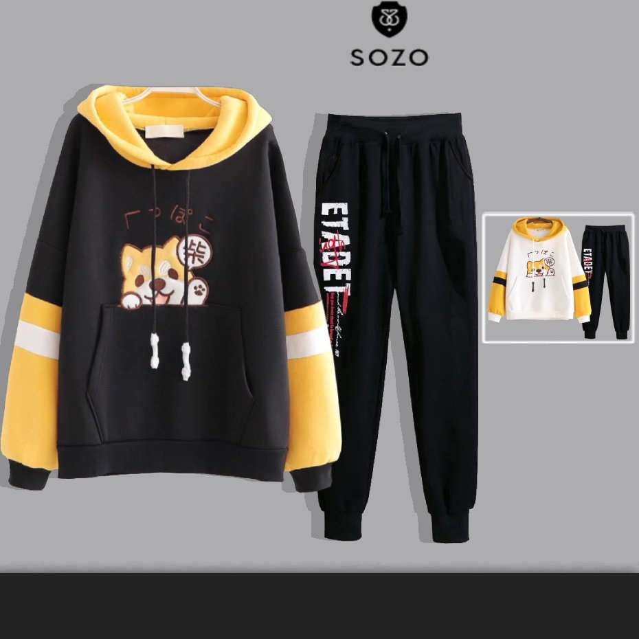 Set Bộ 2 Món Quần Dài + Áo Hoodie Nón Nam Chất Vải Nỉ CB2_WAH065NO_MQU081NIDEF6 (Cún Nón Có Tai + Etadet)