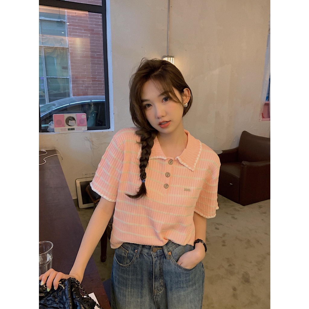 Xiaozhainv Áo polo Tay Ngắn Dáng Rộng Họa Tiết Kẻ Sọc Thời Trang Mùa Hè Phong Cách Hàn Quốc Cho Nữ