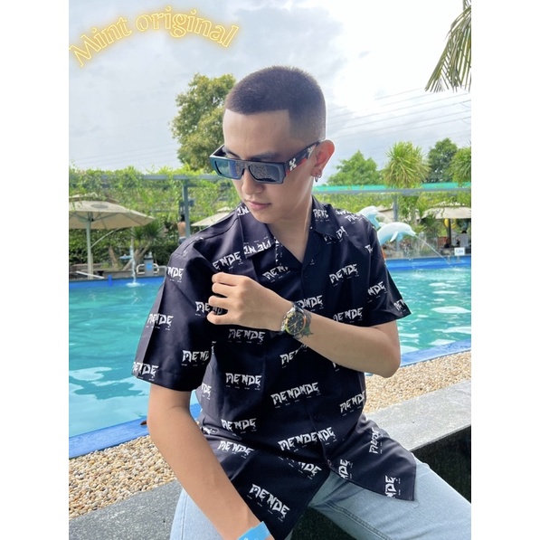 Áo Sơ Mi Hoạ Tiết Hình Chữ Tay Ngắn Cổ Vest Thời Trang Unisex Vải Lụa Chéo